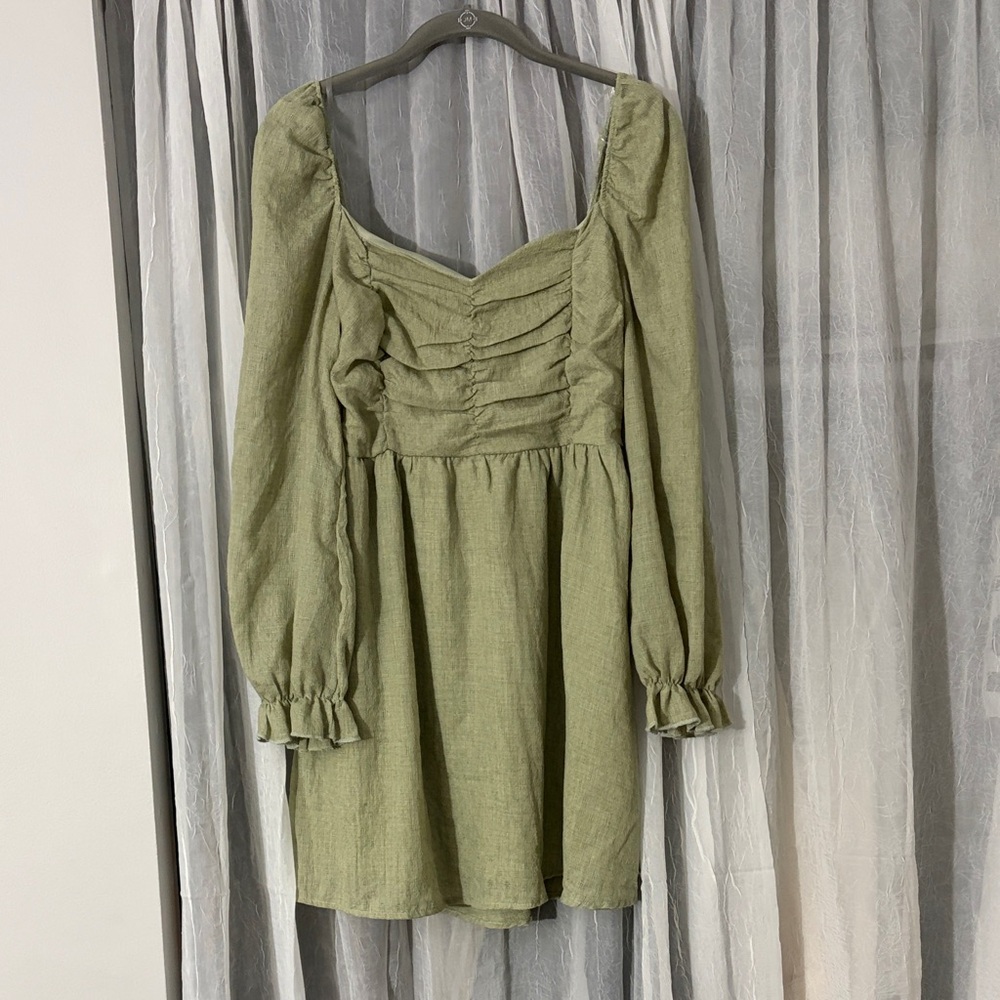 Peach Love California Olive Green Ruched Long-Sleeve Mini Dress